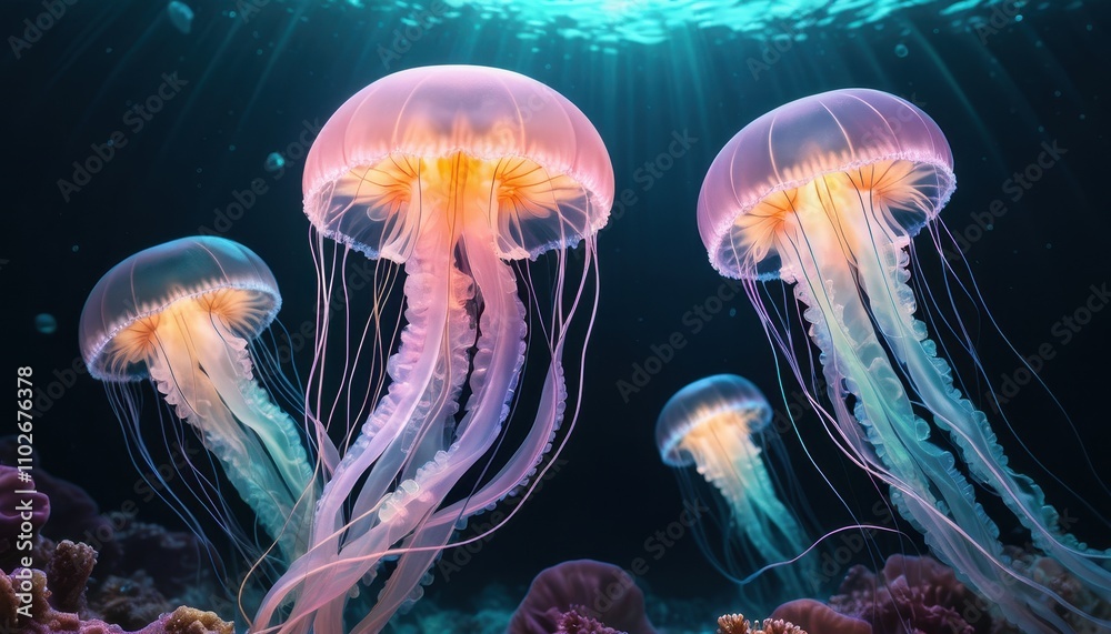 A mesmerizing underwater scene featuring glowing jellyfish gracefully floating amidst vibrant coral and dappled sunlight. A mesmerizing underwater scene featuring glowing jellyfish gracefully floating amidst vibrant coral and dappled sunlight.