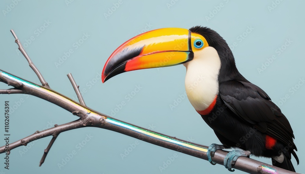 Naklejka premium A vibrant toucan perched on a branch, showcasing its striking yellow and black plumage against a soft blue background.