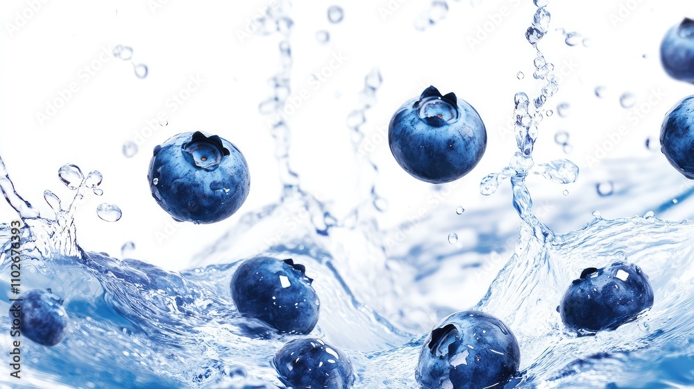 Dynamic Splash of Water with Plump Blueberries Floating in the Air, Featuring Deep Blue Hues Contrasting Against a Clean White Background for a Sophisticated and Energetic Health-Focused Design.