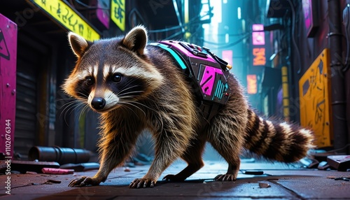 A raccoon with a colorful backpack walks through a vibrant, neon-lit alley, showcasing an urban street style in a bustling city environment.
