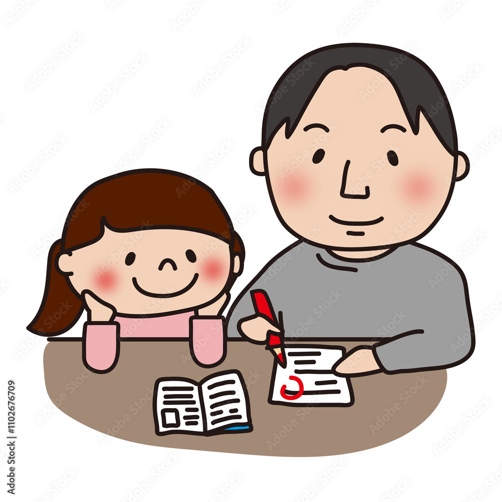 娘の勉強の採点をするパパ 娘の勉強の採点をするパパ