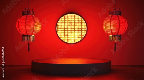Red Lanterns Illuminate Circular Display Platform
