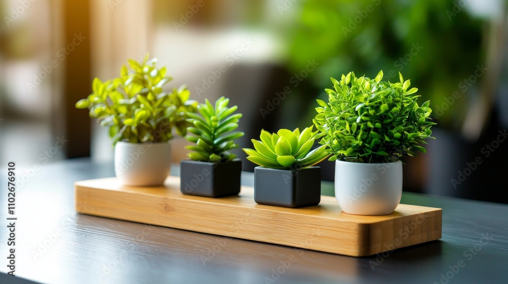 Indoor Plant Arrangement on a Natural Wooden Tray with Modern Decorative Pots for Home and Office Decor Indoor Plant Arrangement on a Natural Wooden Tray with Modern Decorative Pots for Home and Office Decor