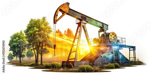 Wallpaper Mural Double Exposure of Oil Pump Symbol with Abstract Elements, Isolated on White Background, Representing Energy Industry, Oil Extraction, and Environmental Impact Torontodigital.ca
