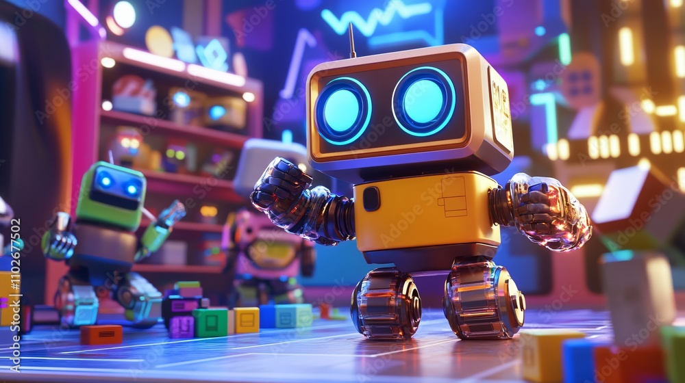 Fototapeta premium Futuristic toy robots in action poses and playing with blocks, set in a colorful, tech-inspired playroom with glowing features.