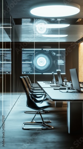 Modern office, futuristic screens, empty chairs, computers.