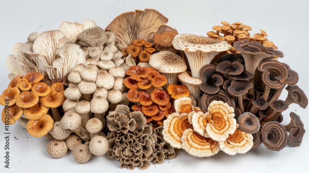 A diverse collection of mushrooms in various shades of brown and beige on a neutral background, showcasing their unique shapes and textures. A diverse collection of mushrooms in various shades of brown and beige on a neutral background, showcasing their unique shapes and textures.
