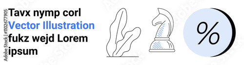 Vector elements include a flowing plant, knight chess piece, and percentage symbol. Ideal for finance, education, strategy, marketing, analytics, business, design. Landing page