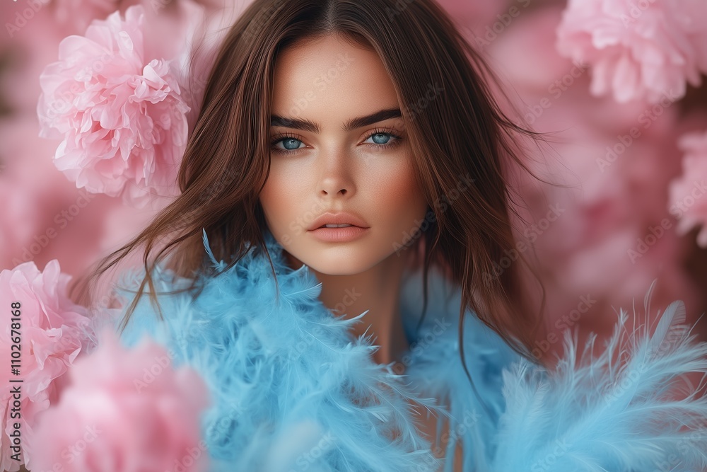 Elegant portrait of a woman adorned in a blue feather blouse with a pastel pink floral backdrop, capturing the essence of high-fashion artistry in a soft and dreamy light