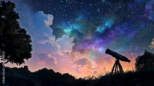Stargazing at dusk with a telescope in a serene landscape under a starry sky