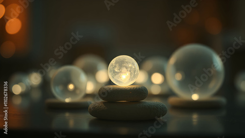 crystal ball or water drop on top of Stack rock glowing orbs symbolizing balance and serenity