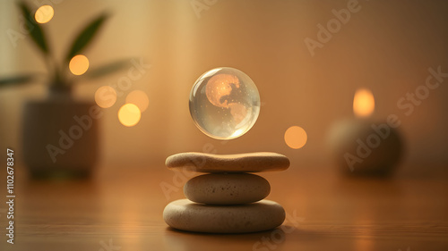 crystal ball or water drop on top of Stack rock glowing orbs symbolizing balance and serenity