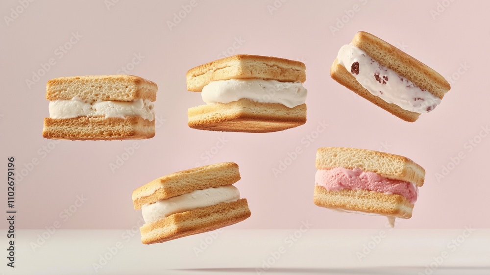 Delightful ice cream sandwiches floating mid air, showcasing various flavors and textures against soft pink background Delightful ice cream sandwiches floating mid air, showcasing various flavors and textures against soft pink background