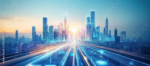 Futuristic city skyline at sunrise with glowing highway.