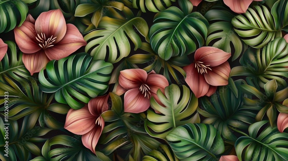 Fototapeta premium Vibrant red amaryllis blooms interwoven with lush green foliage create a stunning tropical tapestry full of life and color