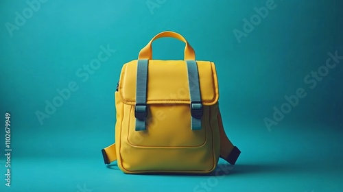 Bright Yellow Backpack on Teal Background Minimalist Modern Design Education Tool