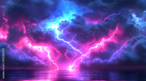 Vibrant Pink and Blue Lightning Strikes Across a Dark, Stormy Seascape, Digital 3D Illustration