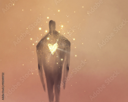 Ethereal figure radiating light and glowing heart