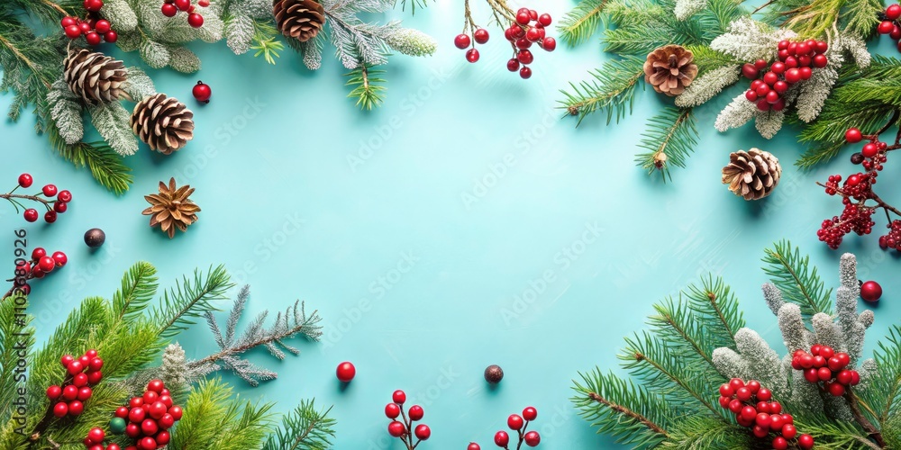 Christmas Pastel Blue Border Landscape Photography, Festive Winter Scene, Holiday Background Christmas Pastel Blue Border Landscape Photography, Festive Winter Scene, Holiday Background