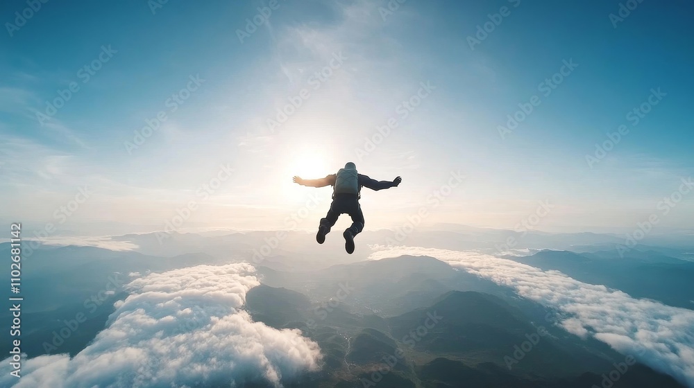 Skydiver Soaring Above Dramatic Cloudy Landscape Skydiver Soaring Above Dramatic Cloudy Landscape