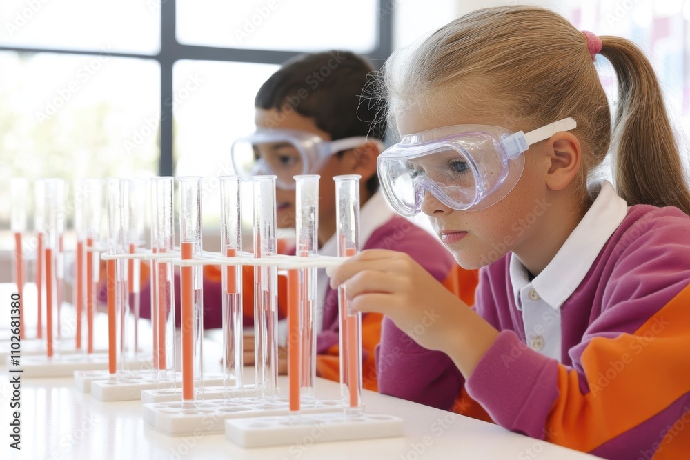 Children engaged in exciting science experiment exploring chemistry in classroom setting Children engaged in exciting science experiment exploring chemistry in classroom setting