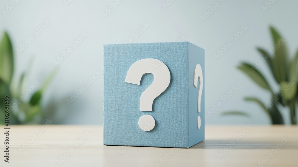Blue Question Box with White Marks on Table Blue Question Box with White Marks on Table