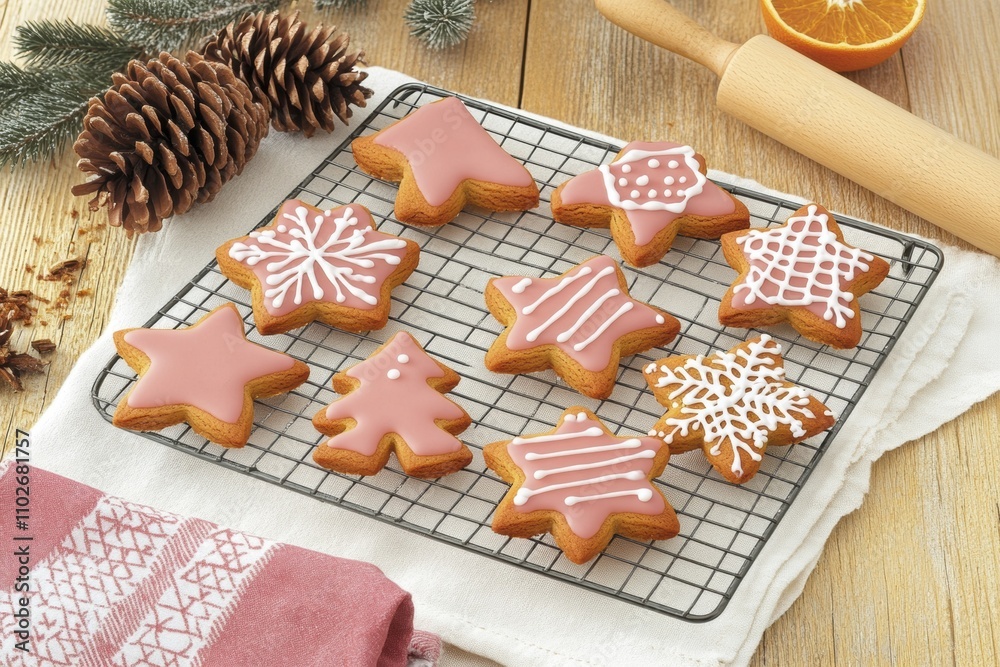 Aesthetic minimalistic winter cookies with icing on wooden table for holiday baking inspiration Aesthetic minimalistic winter cookies with icing on wooden table for holiday baking inspiration