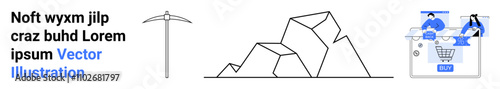 Pickaxe, geometric mountain shapes representing mining, businesspeople analyzing graphs and charts, and a shopping cart. Ideal for data analysis, digital marketing, e-commerce, business strategy