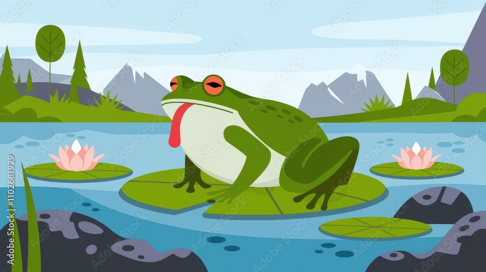 Naklejka premium Green Frog Relaxing on Lily Pad in Peaceful Pond - Nature and Wildlife Illustration