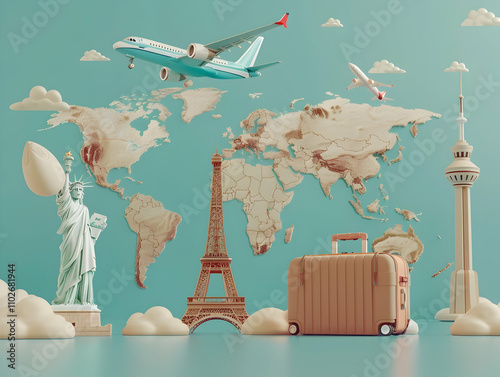 Travel Concept with Plane on Famous Landmark and Historical Places,  3d Airline Ticket, Travel Bag, Globe and Airplane. Render Paper Ticket with Plane Icon, Suitcase and Planet Earth. Travel Element. 