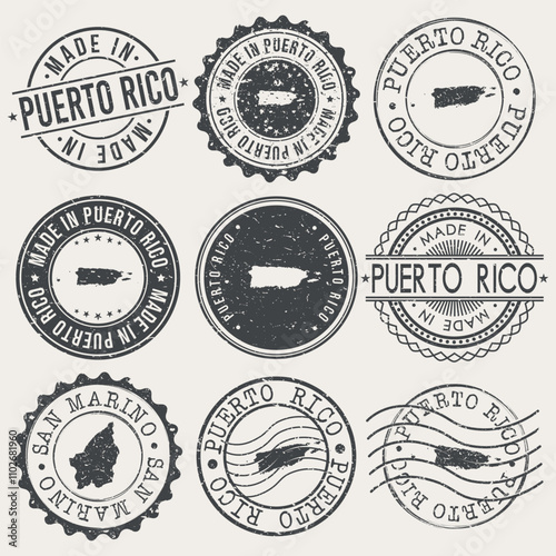 Puerto Rico Set of Stamps. Country Travel Marks. Made In Product. Design Seals Old Style Insignia. photo
