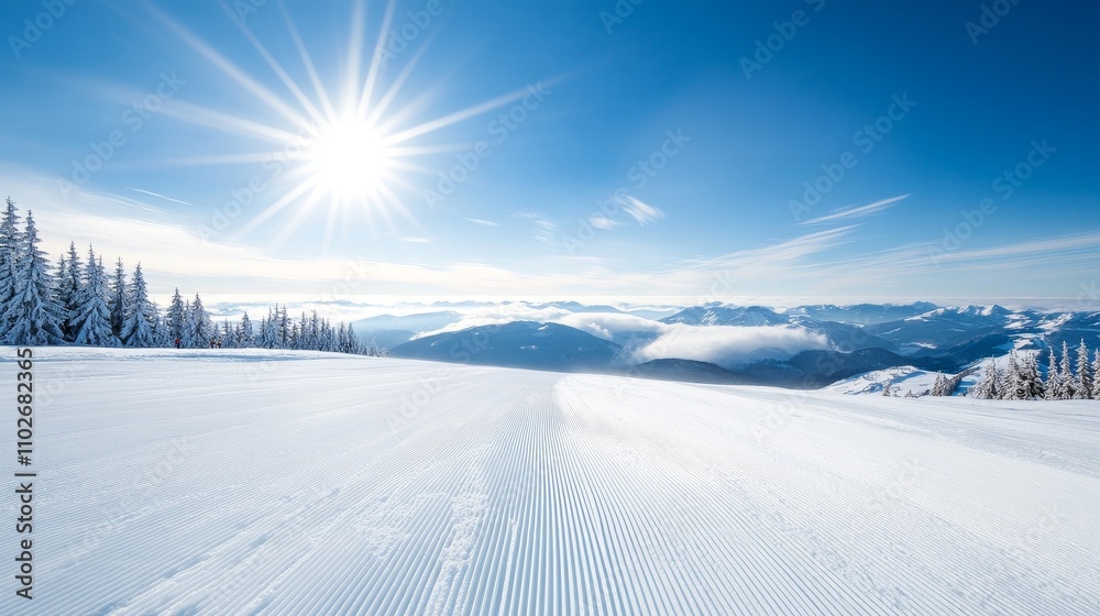 Winter Landscape with Bright Sun and Snowy Slopes Winter Landscape with Bright Sun and Snowy Slopes