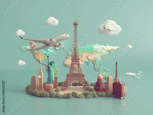 Travel Concept with Plane on Famous Landmark and Historical Places,  3d Airline Ticket, Travel Bag, Globe and Airplane. Render Paper Ticket with Plane Icon, Suitcase and Planet Earth. Travel Element. 