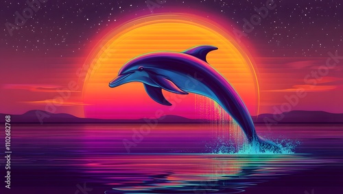 A vibrant digital art piece depicting a dolphin leaping from the ocean at sunset.  The image is awash in neon-like colors, creating a dynamic and energetic mood. photo