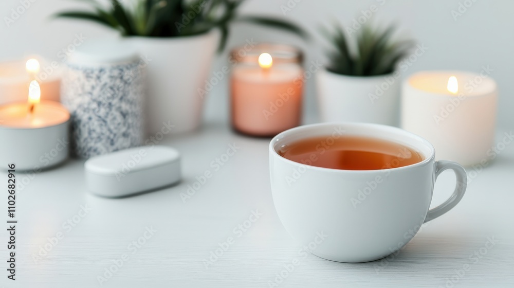 A cozy scene featuring a cup of tea surrounded by candles and small potted plants, creating a serene and inviting atmosphere. A cozy scene featuring a cup of tea surrounded by candles and small potted plants, creating a serene and inviting atmosphere.