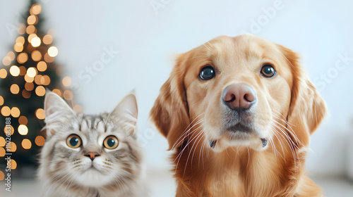 golden retriever and fluffy cat sit together, showcasing their friendship against softly lit background with Christmas tree. Their expressions convey warmth and joy