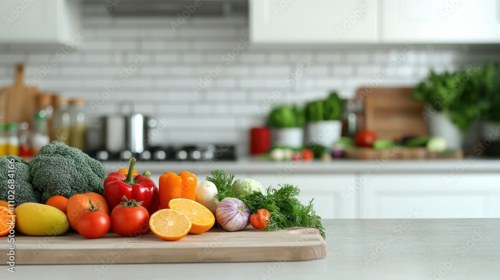 A vibrant display of fresh vegetables and fruits on a wooden cutting board in a modern kitchen setting, highlighting healthy eating and culinary preparation. A vibrant display of fresh vegetables and fruits on a wooden cutting board in a modern kitchen setting, highlighting healthy eating and culinary preparation.