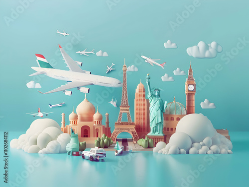 Travel Concept with Plane on Famous Landmark and Historical Places,  3d Airline Ticket, Travel Bag, Globe and Airplane. Render Paper Ticket with Plane Icon, Suitcase and Planet Earth. Travel Element. 