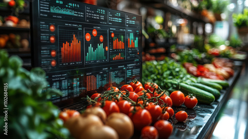 Fresh produce displayed in front of a screen showing sales data charts and graphs in a grocery store.