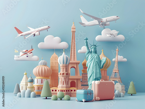 Travel Concept with Plane on Famous Landmark and Historical Places,  3d Airline Ticket, Travel Bag, Globe and Airplane. Render Paper Ticket with Plane Icon, Suitcase and Planet Earth. Travel Element. 