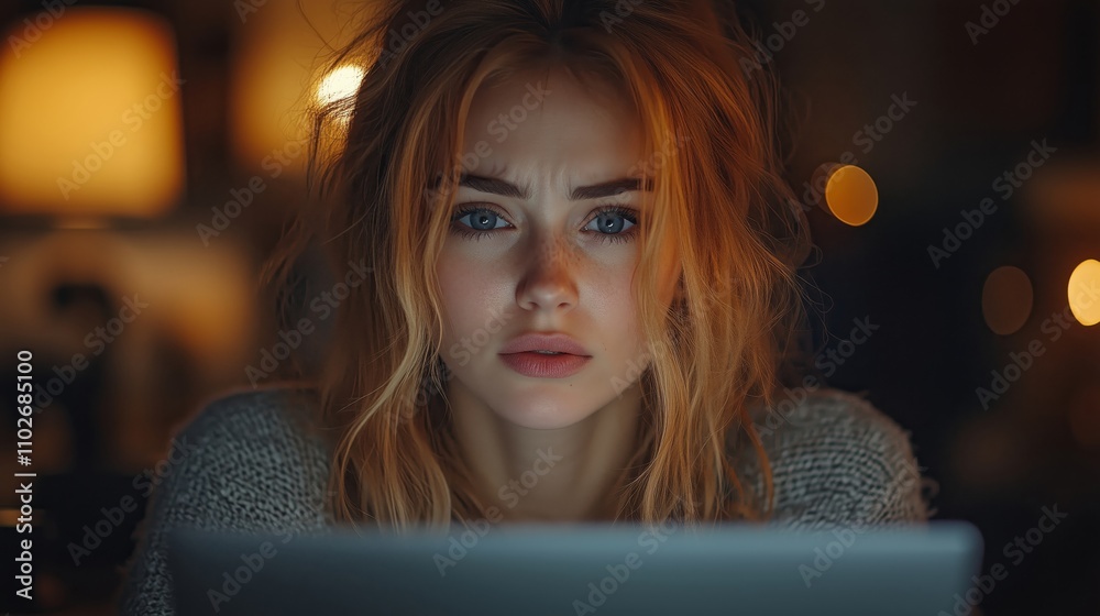 Fototapeta premium A Young Woman Deeply Focused on Her Laptop Late at Night