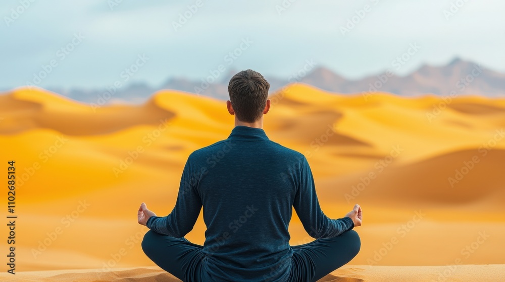 A person meditating in a vast sandy desert landscape, embodying tranquility and mindfulness amidst nature's beauty. A person meditating in a vast sandy desert landscape, embodying tranquility and mindfulness amidst nature's beauty.