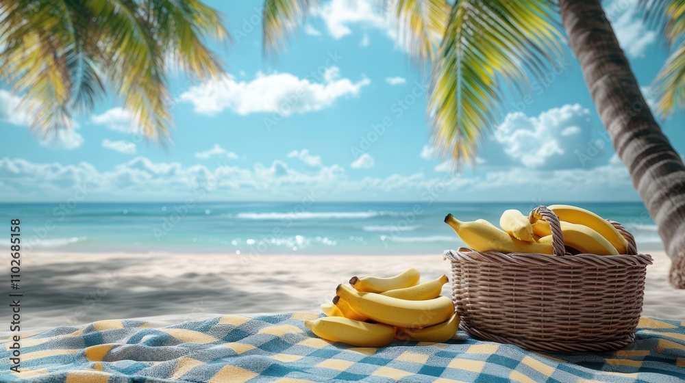 Obraz premium Tropical Beach Picnic with Basket of Bananas and Swaying Palm Trees.