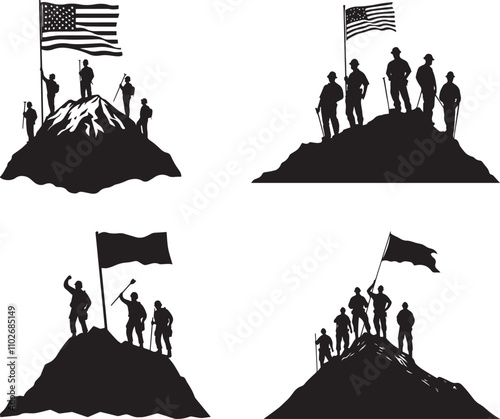 Silhouette vector set of a group of labor men are standing on mountain with American flag, Labor Day vector silhouette