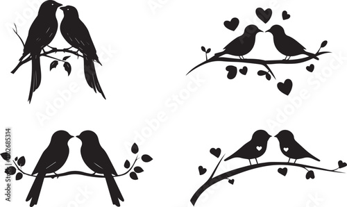 Silhouette set of  love birds on branch  vector silhouette