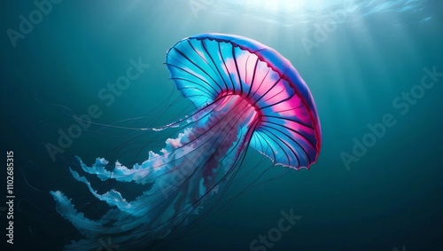 AI GENERATE, A glowing jellyfish underwater, with its body displaying gradients of neon blue and pink photo