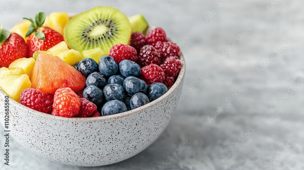 A colorful bowl of fresh mixed fruits, including strawberries, blueberries, kiwi, pineapple, and raspberries, set against a soft gray background. A colorful bowl of fresh mixed fruits, including strawberries, blueberries, kiwi, pineapple, and raspberries, set against a soft gray background.