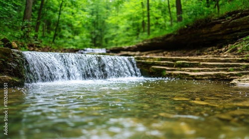 A tranquil stream flows over rocks in a lush green forest, surrounded by vibrant foliage and creating a serene natural landscape.