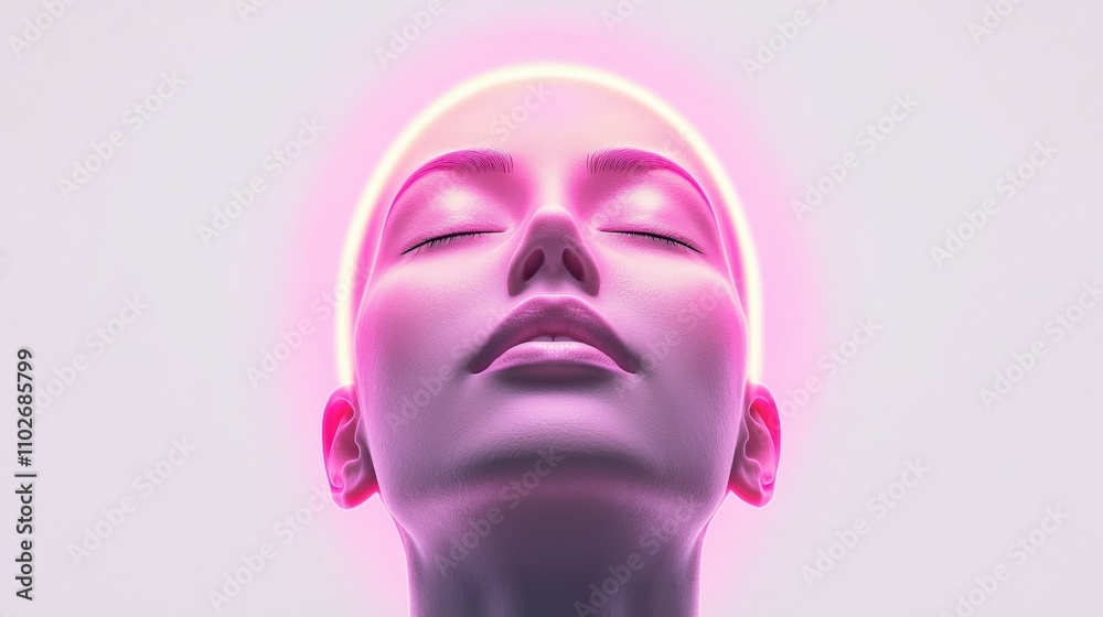 A serene, ethereal portrait of a face illuminated by a soft pink halo, conveying tranquility and a sense of otherworldliness. A serene, ethereal portrait of a face illuminated by a soft pink halo, conveying tranquility and a sense of otherworldliness.