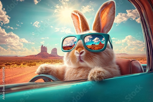 Cute Fluffy Rabbit with Oversized Sunglasses in Vintage Car in Desert Landscape photo